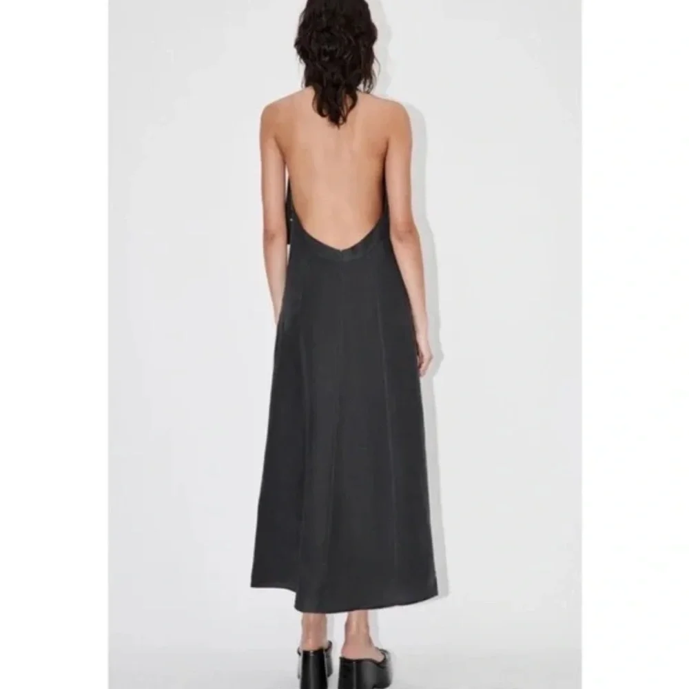 ZARA 100% Linen Halter Midi Dress Grey Medium Bloggers Favorite Coastal Beach